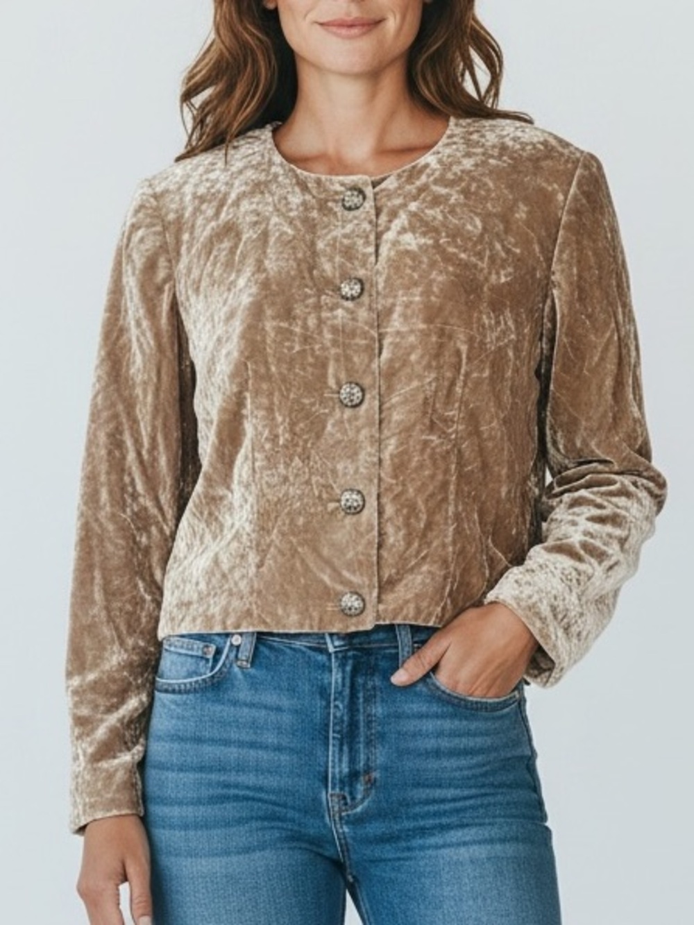 Vintage Western Cropped Crushed Velvet Jacket Champagne Sz M